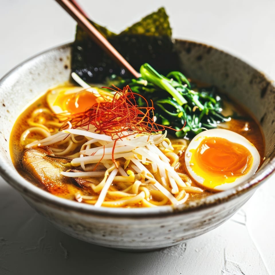 A bowl of Japon ramen with noodles, broth, soft-boiled eggs, bean sprouts, and greens.