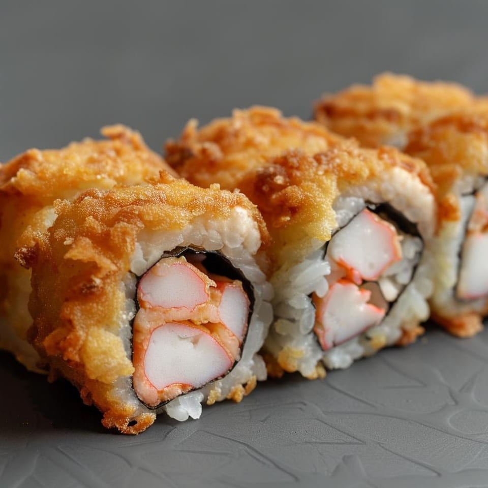 Close-up of Japon's crispy fried sushi rolls with crab meat and rice, on a dark grey surface.